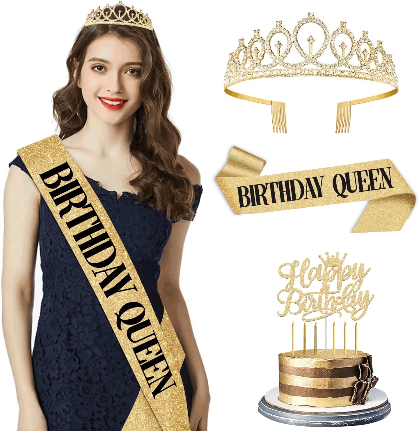Birthday Decorations for Women/Girls, Including Queen Sash and Crown, Cake Topper, Candles. Birthday Sash and Tiara for Women, Golden Party Decorations Favors