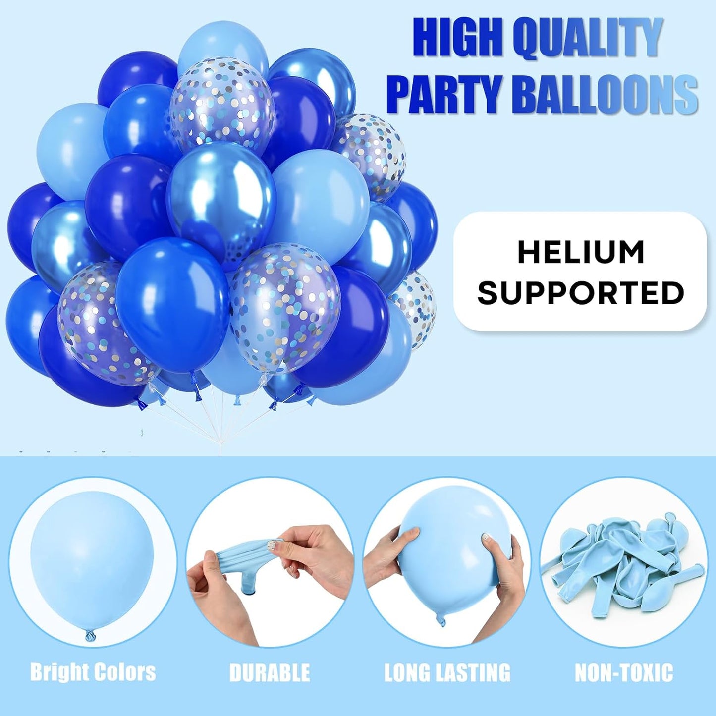 Royal Blue Balloons 12Inch Metallic Chrome Dark Light Blue Party Balloons, Silver Confetti Latex Balloons Set for Birthday Wedding Ocean Theme Party Decorations Graduation