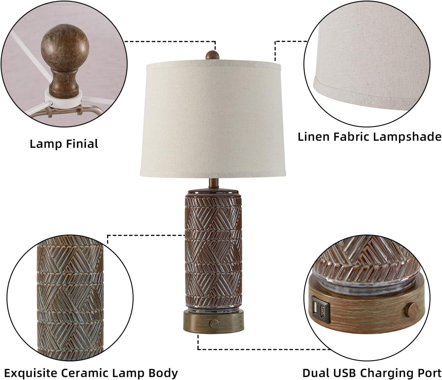 RORIA Set of 2 Farmhouse Table Lamps for Living Room Bedroom, 3 Way Dimmable Touch Nightstand Lamp with 2 USB Port, Rustic Vintage Bronze Ceramic Lamps for End Table Bedside, Bulbs Included