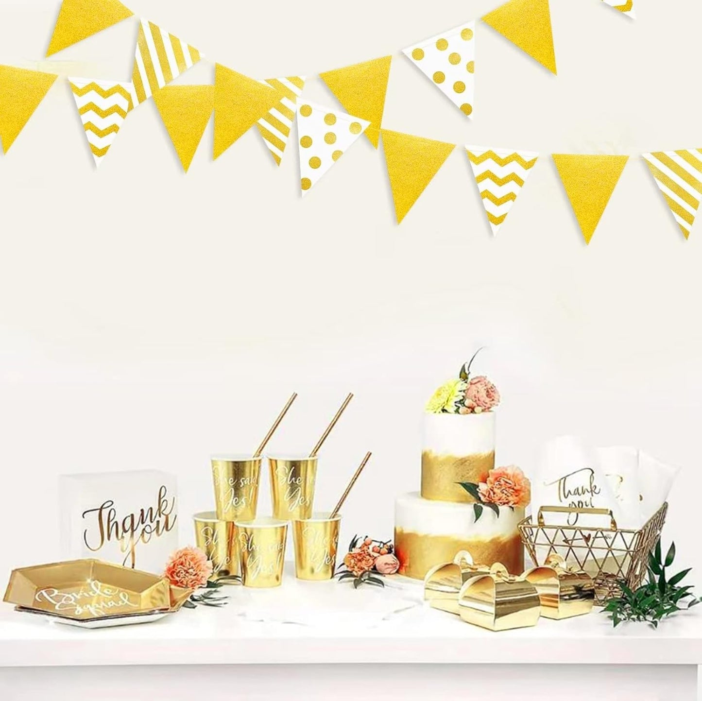 39Ft White and Gold Party Decorations Polka Dot Stripe Triangle Pennant Banner Glitter Foil Paper Flag Bunting Garland for Birthday Graduation Anniversary Wedding Bridal Baby Shower Hen Party Supplies