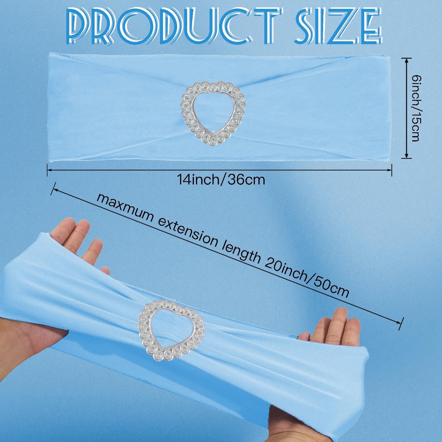 100 Pack Spandex Stretch Blue Chair Sashes Bows Universal Elastic Light Blue Chair Cover Bands Ties with Buckle Slider for Wedding Party Banquet Ceremony Reception Event Decorations