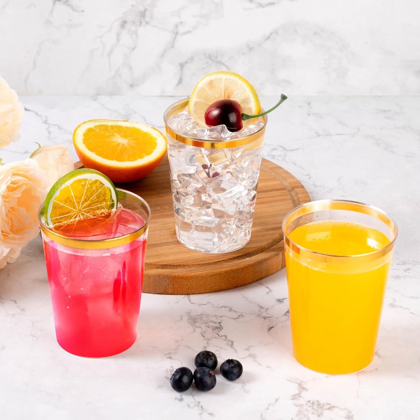 Goodluck 100PCS 14oz Gold Plastic Cups for Party, Disposable Gold Rim Cups, Plastic Cocktail Glasses for Wedding Thanksgiving, Christmas, and Parties