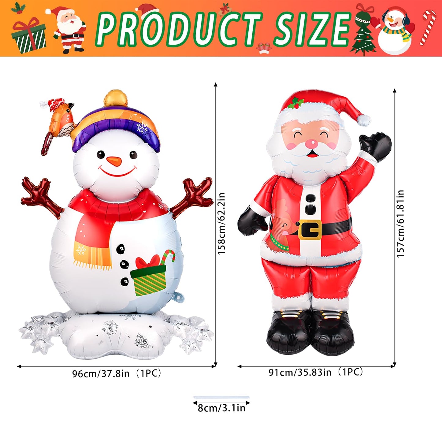 2Pcs 62 Inch Self Standing Santa Claus Balloons Giant Snowman Mylar Balloon Christmas Party
