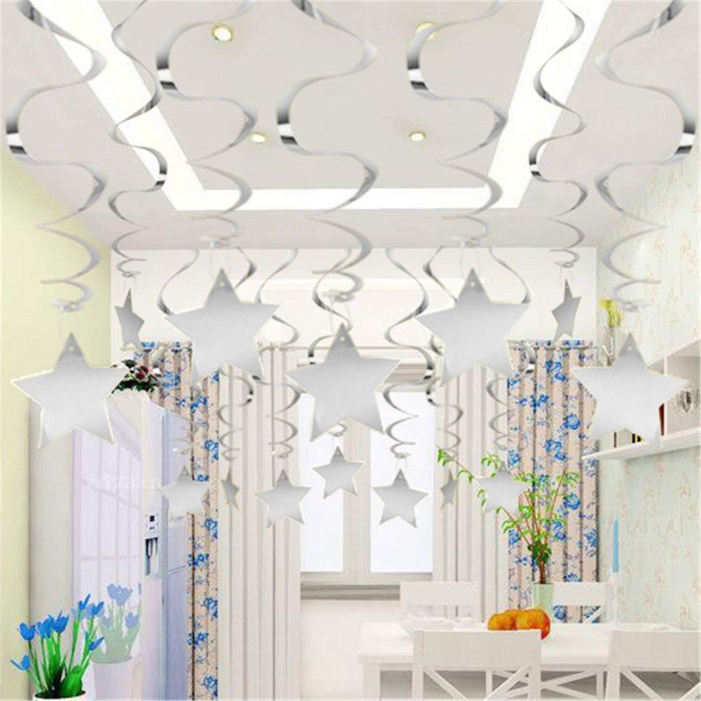 BEISHIDA Silver Star Hanging Swirl Decorations,Hanging Silver Party Supplies for Graduation Wedding Baby Shower Decorations, Pack of 15