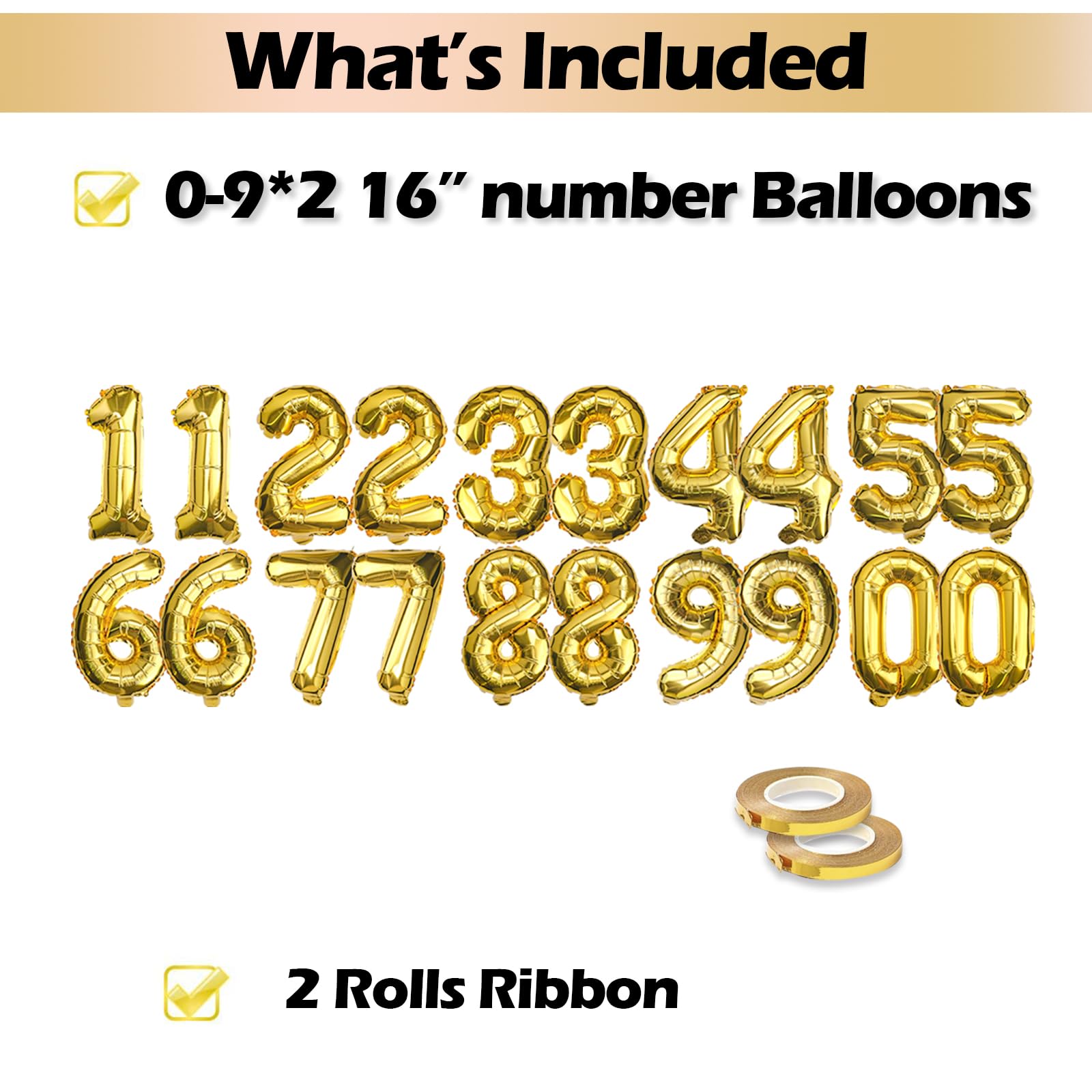 20 Pcs Gold 16" Number Balloons 2 Sets 0-9 Foil Balloon Numbers Décor