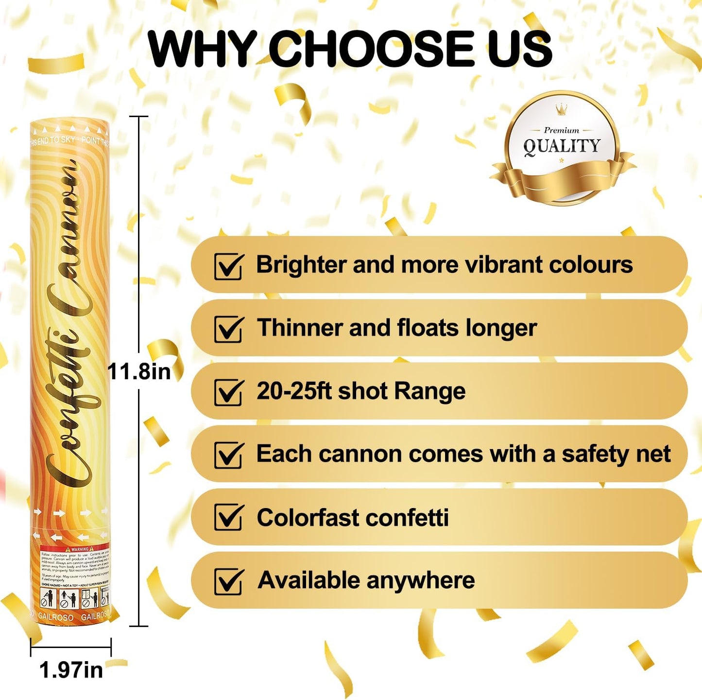 6 Pack Gold Confetti Cannon, Confetti Poppers,12 Inch Party Poppers Shooters for Birthdays, Graduation Celebration,Weddings, New Year's Eve, Christmas and Any Celebrations