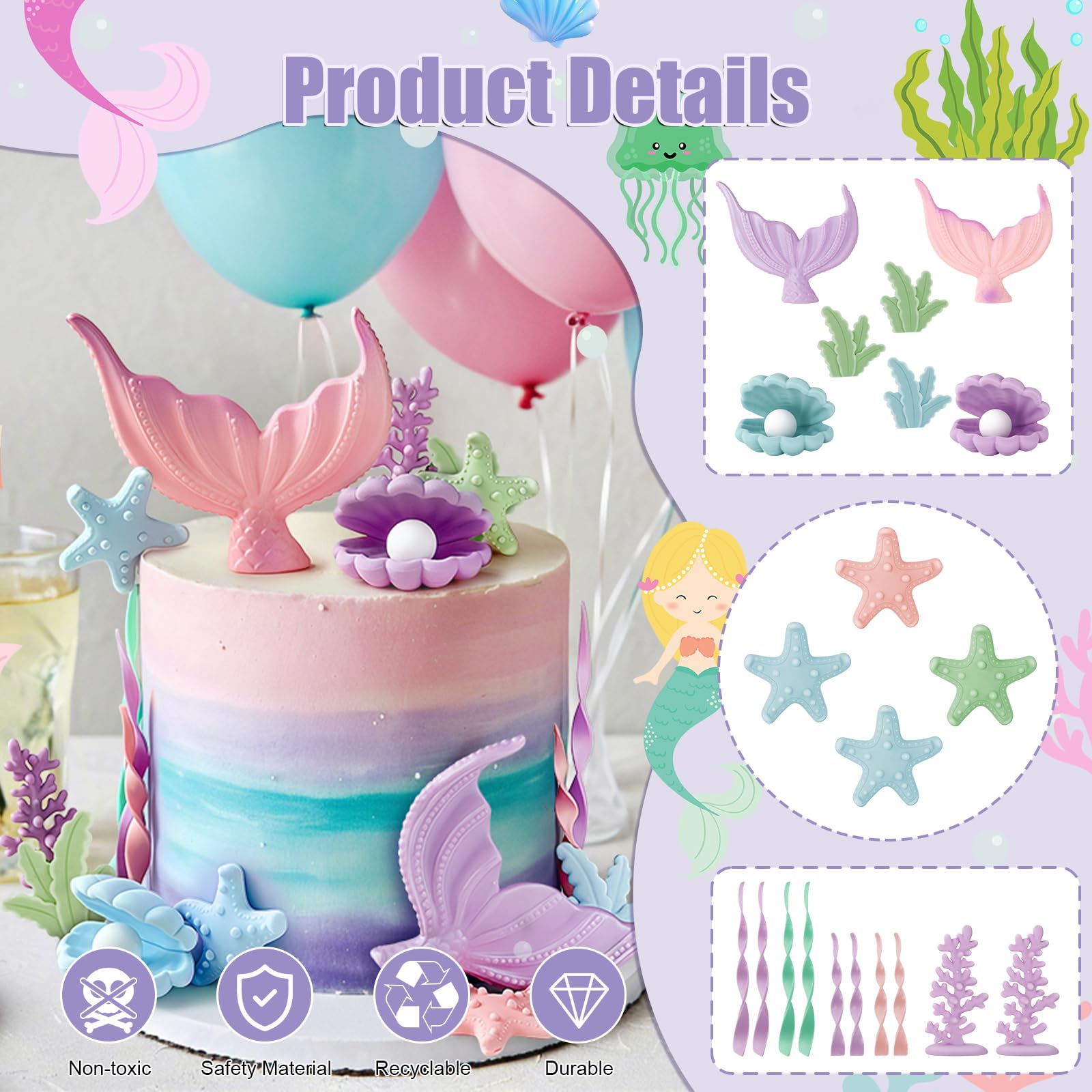 21pcs Mermaid Cake Topper - Mermaid Tail Cake Decorations with Seaweed Shells Starfish Coralal