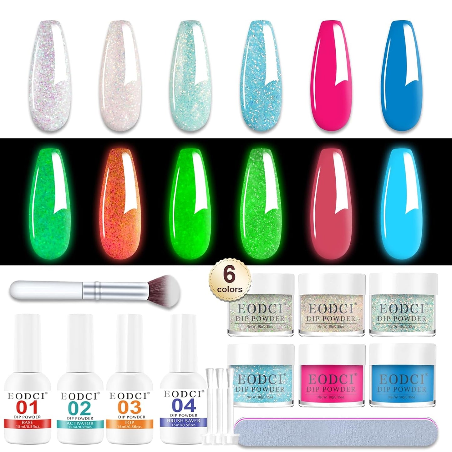 Glow in Dark Dip Powder Nail Set, 6 Colors 12 Pcs Dipping Powder Kit With Base & Top Coat/Activator/Brush Saver,Nail Art Dip Manicure Kits Odor-Free&Long-Lasting, No Needed Nail Lamp Curing