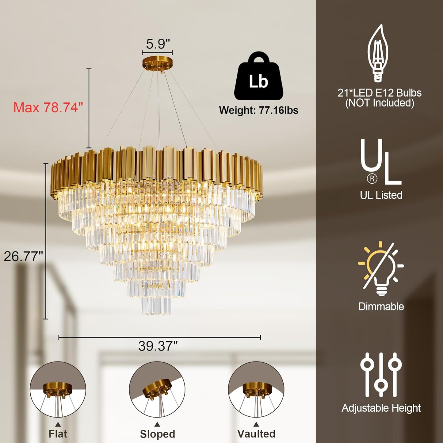 Modern Crystal Chandelier, 39" Gold Chandelier for Dining Room, 21-Light Luxury Round Chandeliers, 7-Tier Contemporary Light Fixture for Living Room, Bedroom, Foyer, Entryway, Kitchen