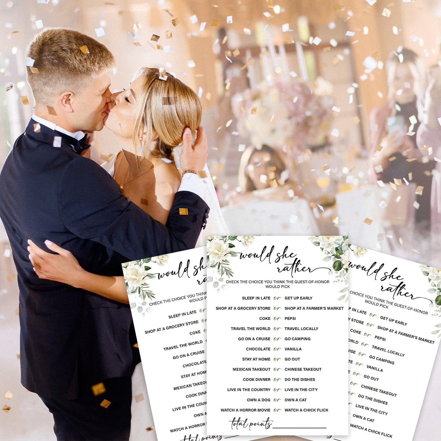 Eucalyptus Bridal Shower Games 30 Guests, Would She Rould Bridal Games for Showers, White Rose Wedding Engagement Party Activity Party Supplies/Green-03