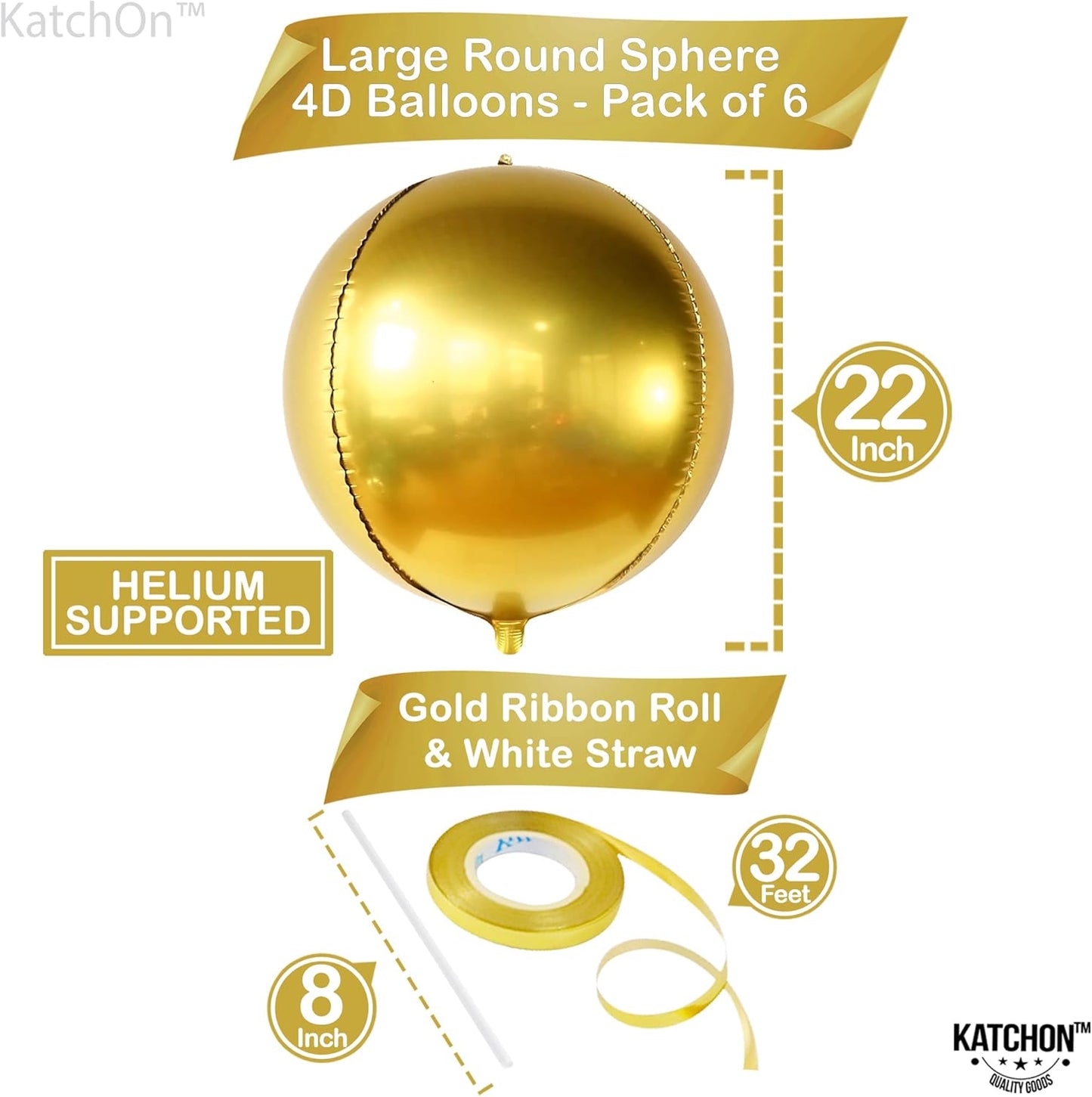 KatchOn, Big Gold Foil Balloon - 22 Inch, Pack of 6 | Gold Mylar Balloons for Golden Party Decorations | Metallic Balloon for Disco, Retirement, Anniversary, Bridal Shower, Birthday Decorations