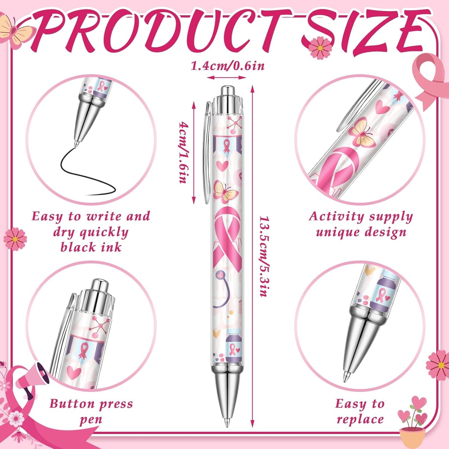 24 Pcs Breast Cancer Awareness Gift Pen Pink Ribbon Black Ink Ballpoint Writing Pen Breast Cancer Awareness Party Favors Pink Ribbon Party Supplies Accessories Item Bulk Gift for Women Nurse