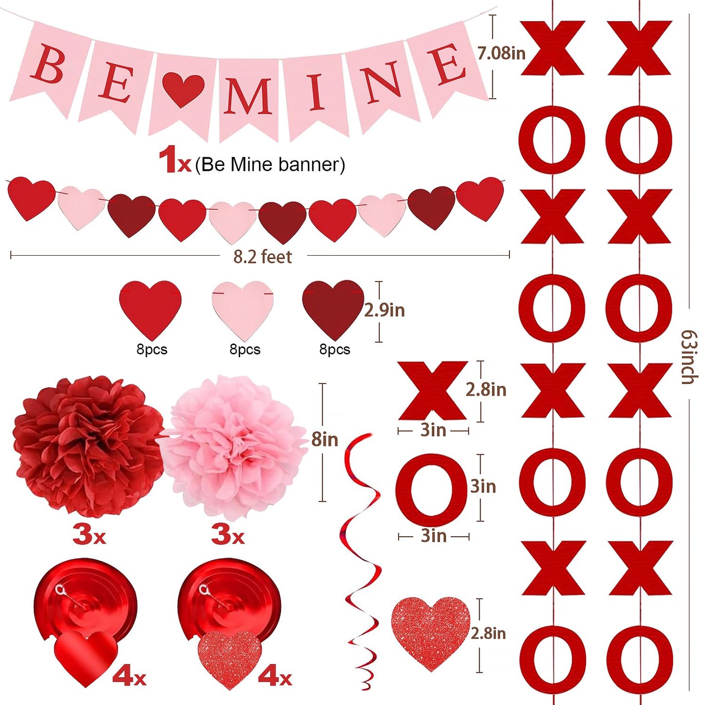 Upgraded Valentines Day Decorations Set Pre-Assembled Hanging Heart Swirls,BE Mine Banner,Heart XO