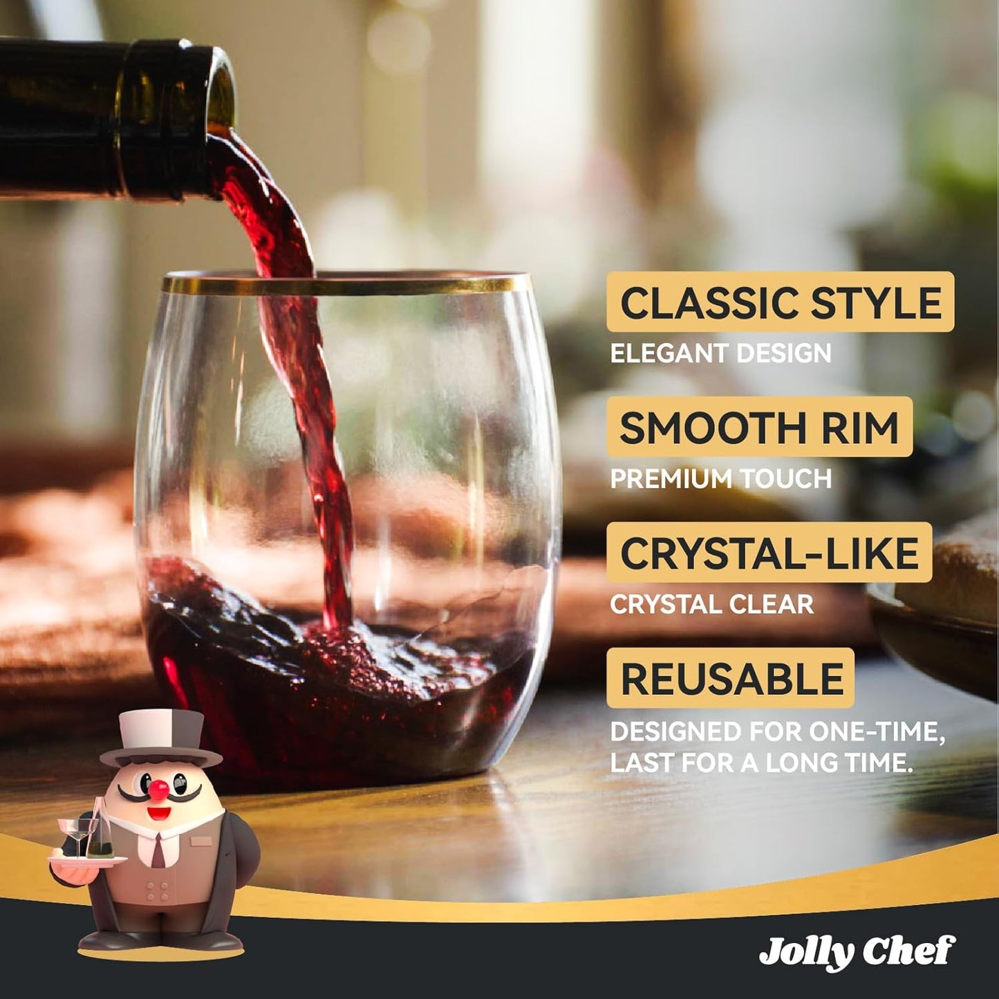 JOLLY CHEF 12 oz 40 Pack Gold Plastic Wine Glasses Stemless, Shatterproof, Unbreakable, Crystal, Disposable Plastic Wine Cups for Party, Halloween, Christmas