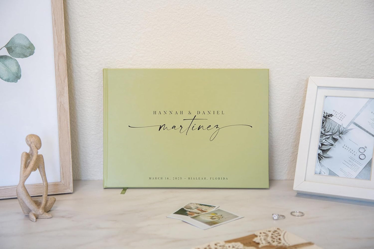 Personalized Guest Book - 11.5" x 8.5" Custom Bride & Groom Names with Bookmark and Hard Cover 140 GSM Blank Pages, for Weddings Guest Book, Engagements, Birthdays, Special Events, Sage