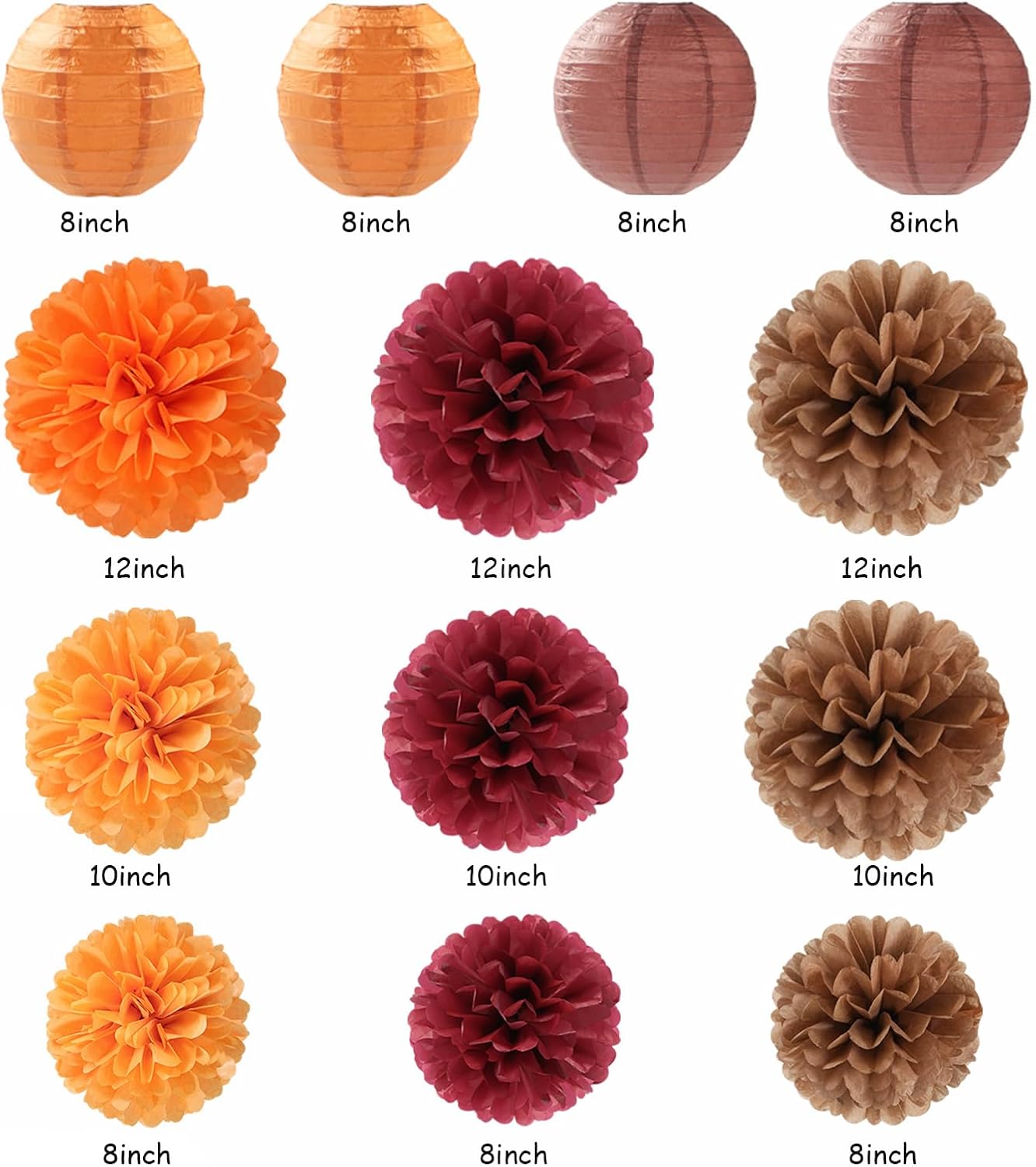 Burgundy Brown-Orange Baby-Shower Boho Party-Decorations - 20pcs Fall Autumn Paper Lanterns Fans,Tissue Pom Poms,Honeycomb Balls,Wedding Birthday Bridal Harvest Thanksgiving Festival Decor Burgleda