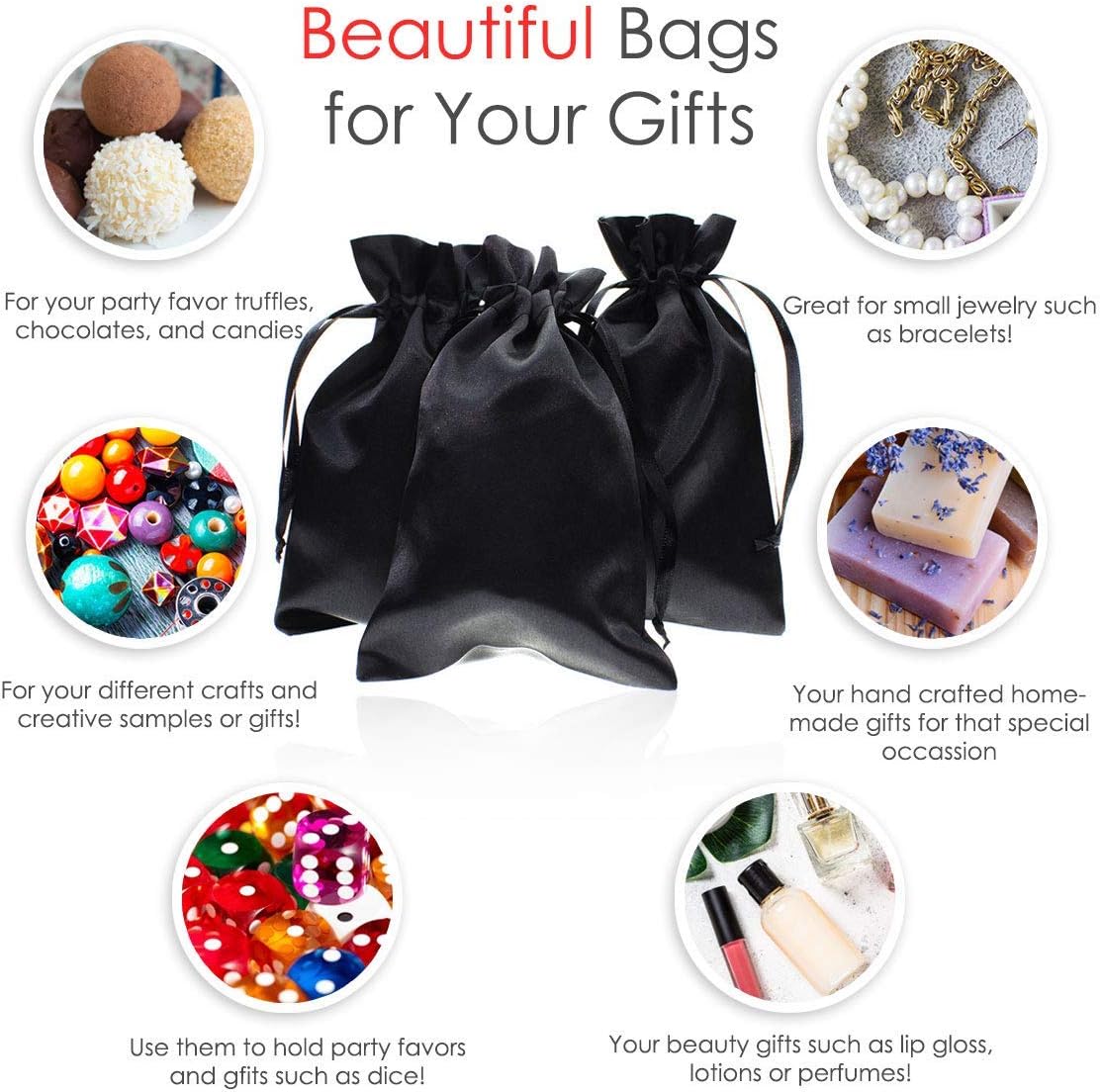 5" x 8" Black Satin Gift Bags, Jewelry Bags, Wedding Favor Drawstring Bags Baby Shower Christmas 50 per Pack