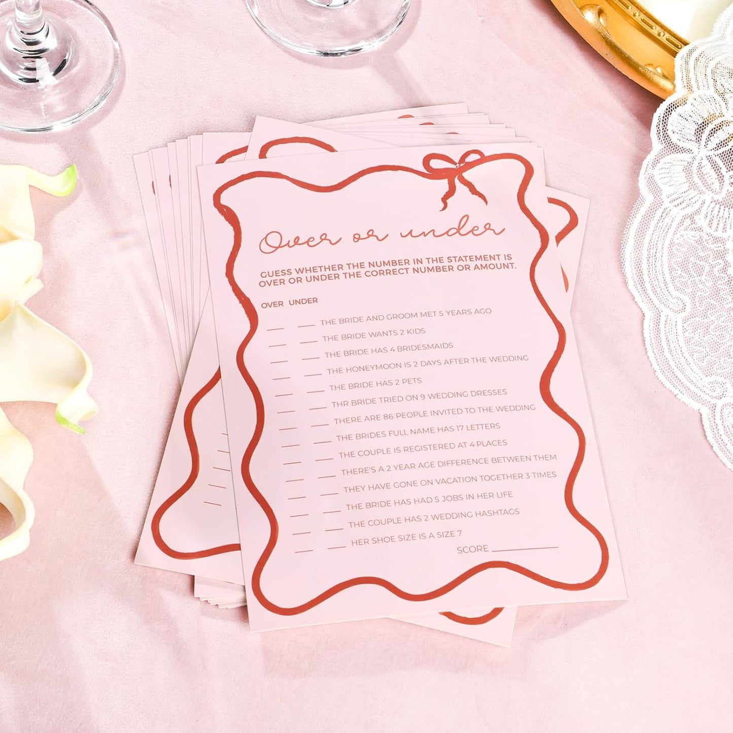 DEEKA 30 PCS Bridal Shower Games Card for 30 Guests Pink Wavy Border Ribbon Bow Funny Wedding Bachelorette Party Games for Reception (Over Or Under)