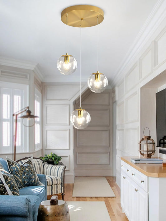 Globe Glass Pendant Light Modern Gold Clear Globe Glass Chandelier Mid Century Chandelier 3-Light Hanging Fixture for Kitchen Island Foyer Hallway Dining Room