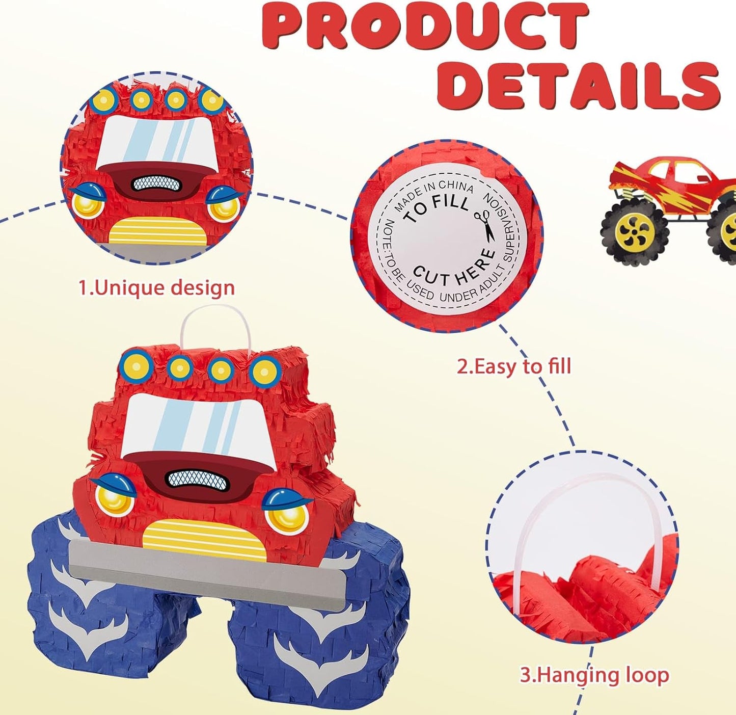 WERNNSAI Truck Piñata - Monster Truck Piñata Bundle with Blindfold and Bat for Boys Kids Piñata Theme Party Decoration Supplies Cool Car Piñata for Birthday Party Carnival Celebration Game