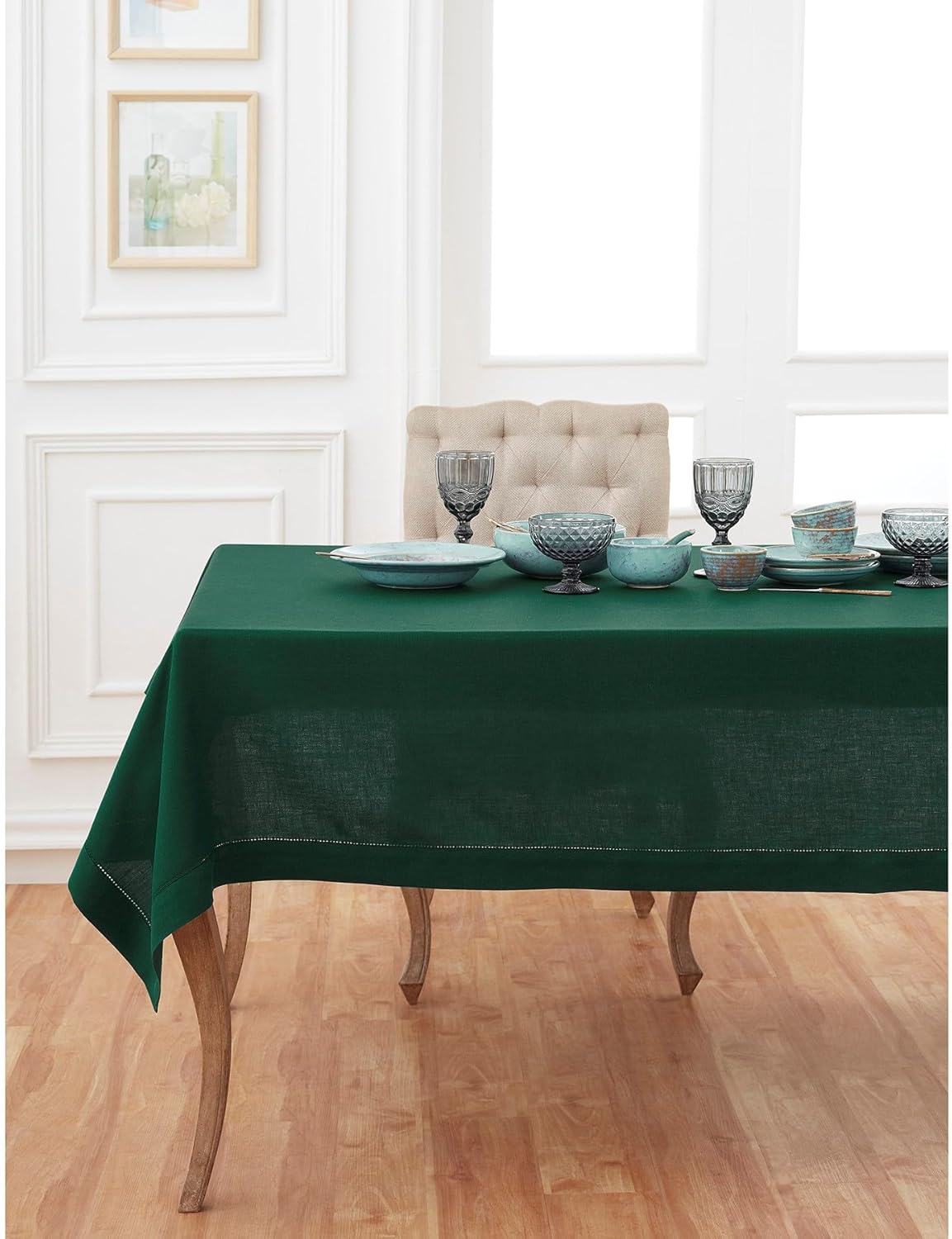 Solino Home Linen Tablecloth for Rectangle Tables 60 x 132 Inch - Classic Hemstitch 100% Pure Linen Rainforest Green Table Cloth - Machine Washable Cloth Tablecloth for Fall, Autumn, Thanksgiving