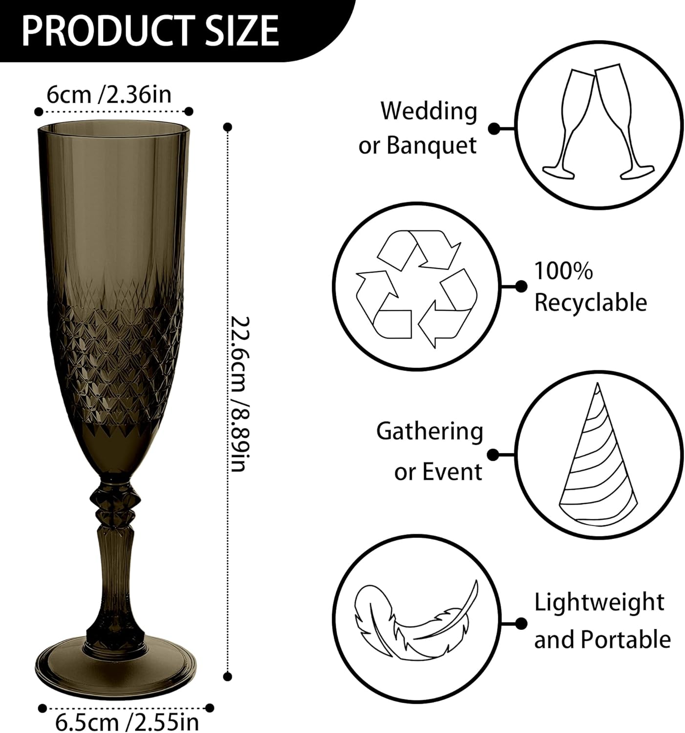 Plastic Champagne Flutes, 24PCS Black Wine Glasses Goblets Cups Reusable Flute, for Halloween Weddings Bachelor Parties Toasting and Events (24, Black)