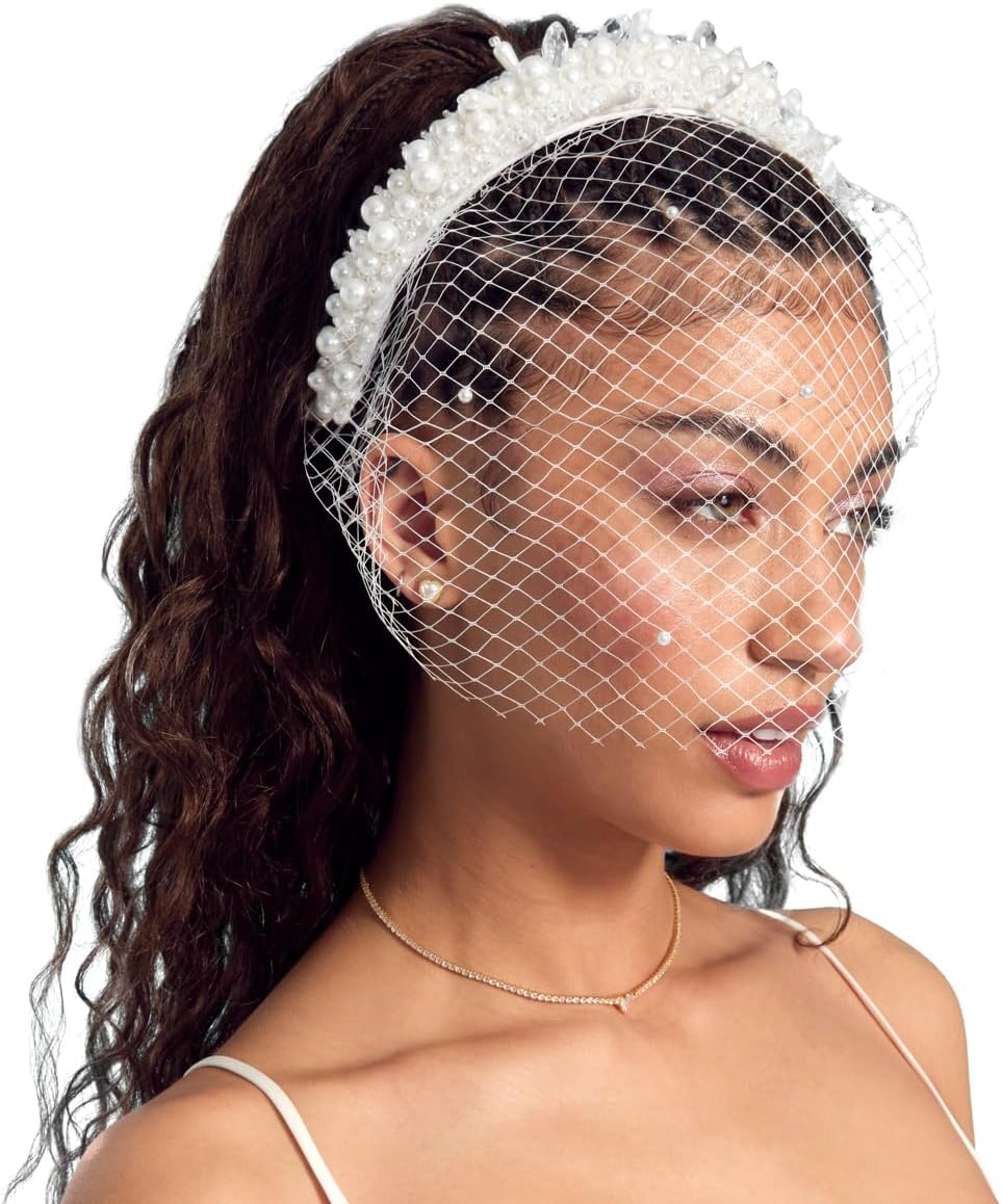 xo, Fetti Pearl Beaded Bridal Headband + Birdcage Veil | Bachelorette Party Hairpiece, Bridal Shower Accessory, Crystal Bridesmaid Gift, Wedding Headband, Engagement Accessory