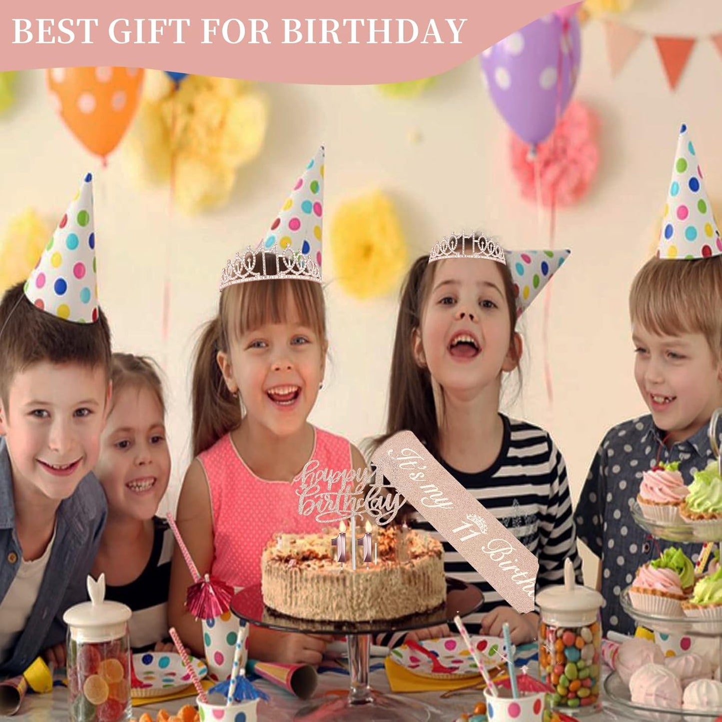 11th Birthday Decorations for Girl with Sash and Tiara, Numeral Candle and Cake Topper, 11 Year Old Birthday Decorations Gifts, Rose Gold Party Favor Supplies