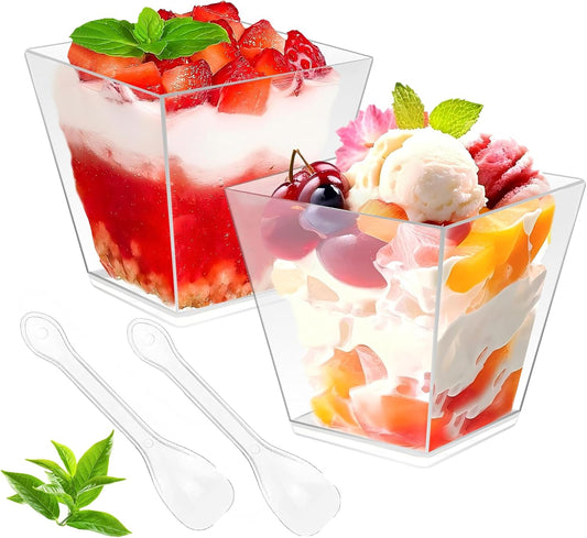 50 Pack 3.5 oz Clear Plastic Square Dessert Cups with Spoons，Mini Disposable Parfait Cups for Yogurt, Ice Cream and Tasting，Serving Cups for Appetizer，Pudding，Party (3.5 oz)