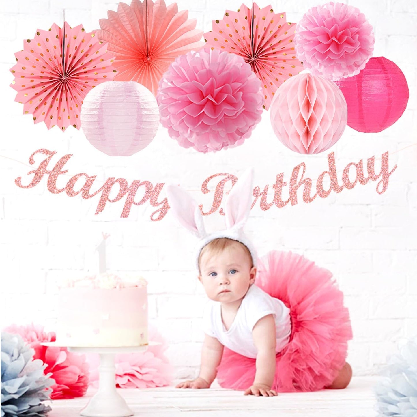 Light Hot Pink Birthday Party-Decorations - 21pcs Girl Happy Banner,Paper Lanterns Honeycomb,Tissue Pom Poms Flower Fan,Hanging Streamers Garland,18th 21st 30th Women Birthday Decor Supplies Huglony