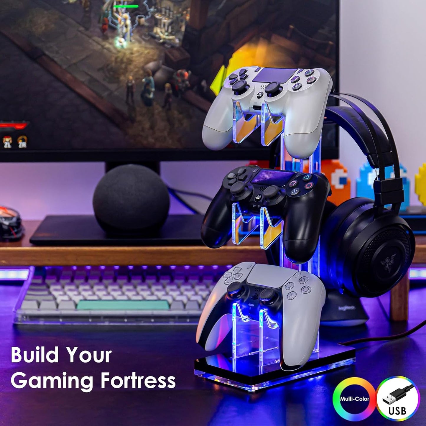 OAPRIRE Controller Holder Headset Stand with Lights, 3 Tier Acrylic Gaming Controller Stand for PS4, PS5, PC, Switch, Universal Design (Black)