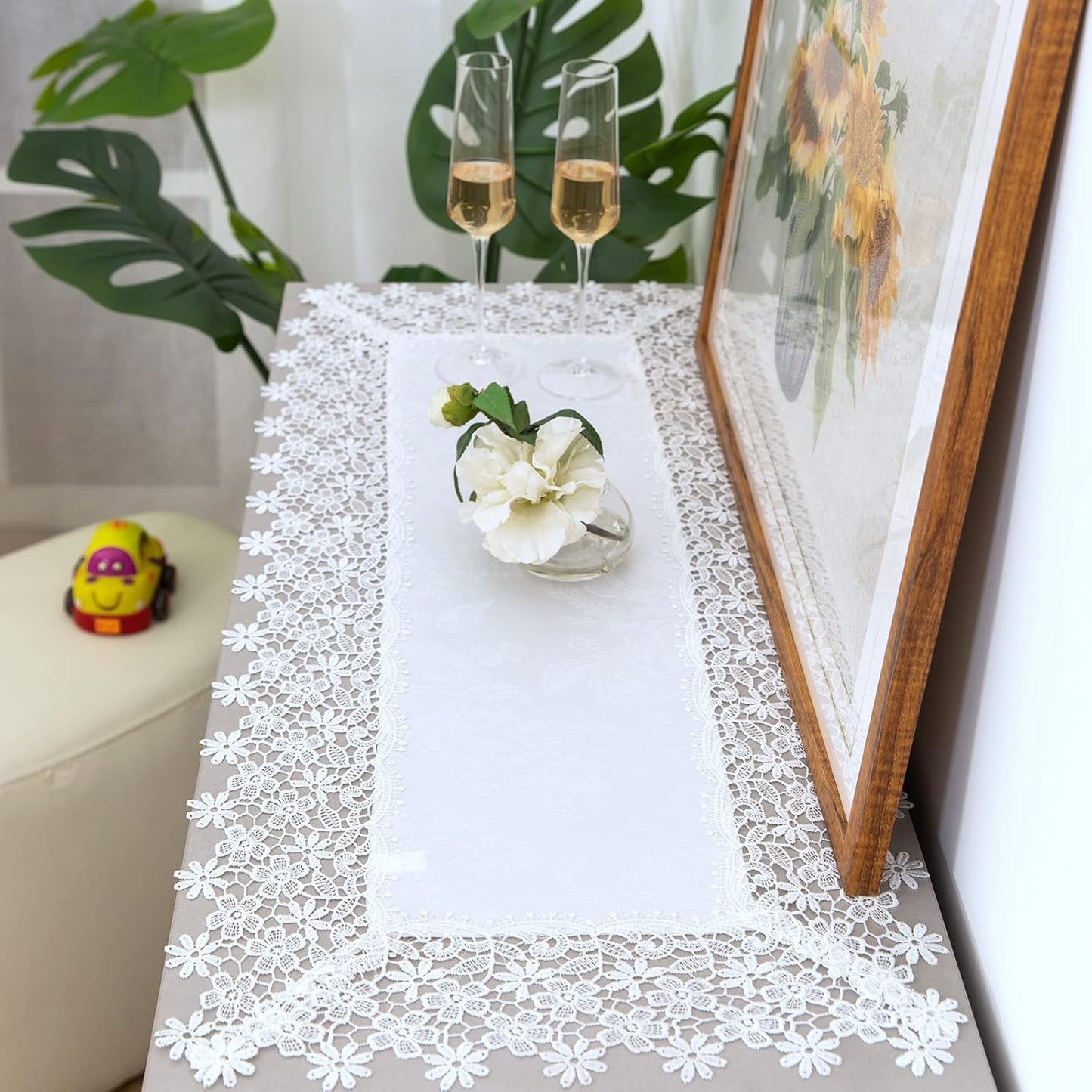 White lace Premium Rectangle Farmhouse Table Runner Waterproof OilProof SpillProof AntiShrink Soft Wrinkle Resistant Decorative Fabric Table Cover Kitchen Dinning Party Wedding Banquet