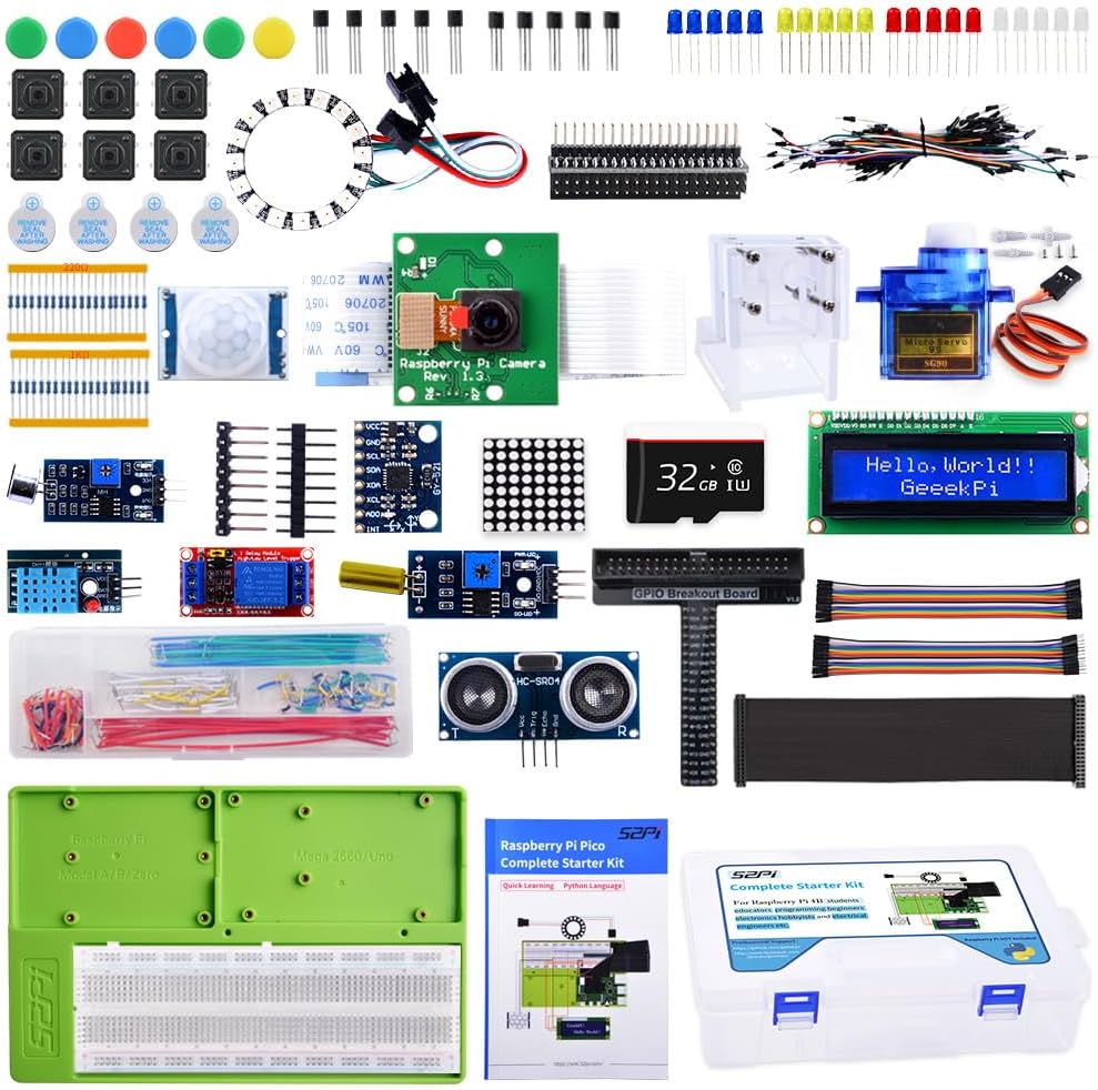 GeeekPi Complete Starter Kit for Raspberry Pi 4B, Python C Java Scratch Code, with 100-Page Tutorial, 16 Projects, 68 Items, ABS Breadboard Holder, Camera Module, Sound Sensor (Pi Board Not Included)