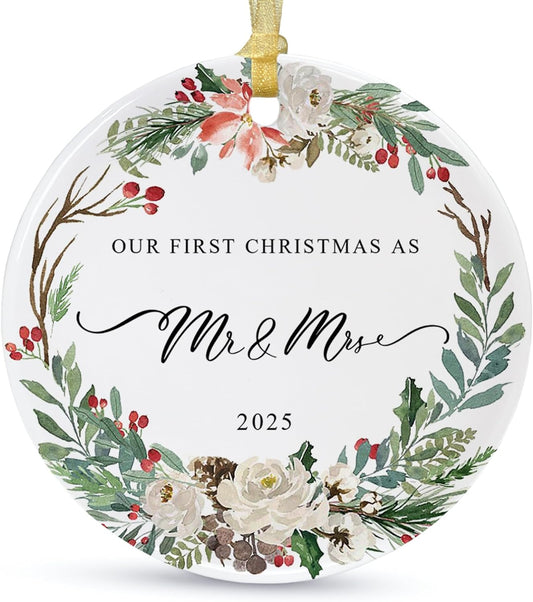 2025 First Christmas Married Ornament,First Year as Mr and Mrs Christmas Hanging Ornament Wedding Decoration for Couple