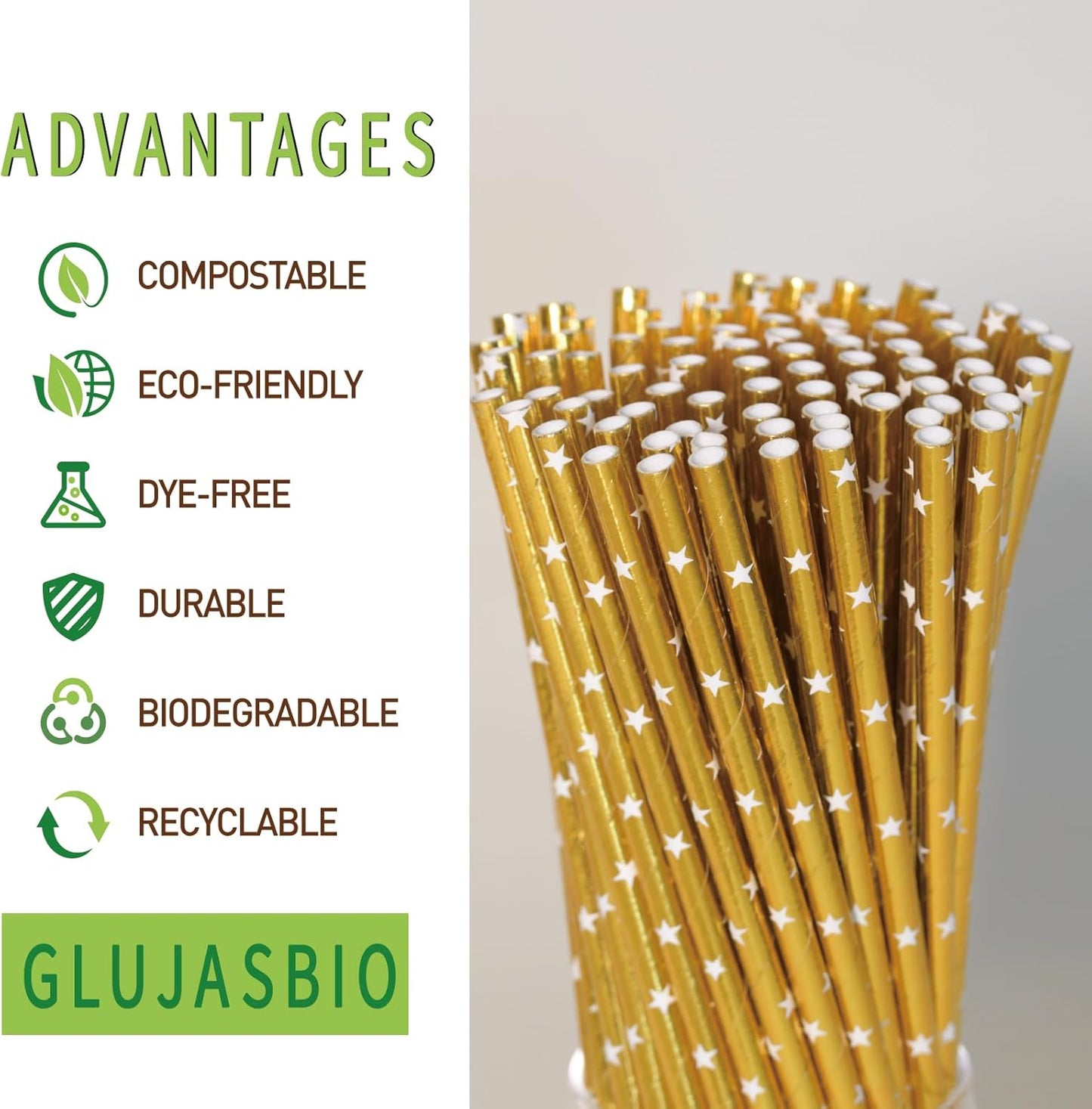 Gold Drinking Straws - Disposable White Star Print Foil Gold Biodegradable Paper Straws, 7.75 Inch, 100 Pack - Party Supplies