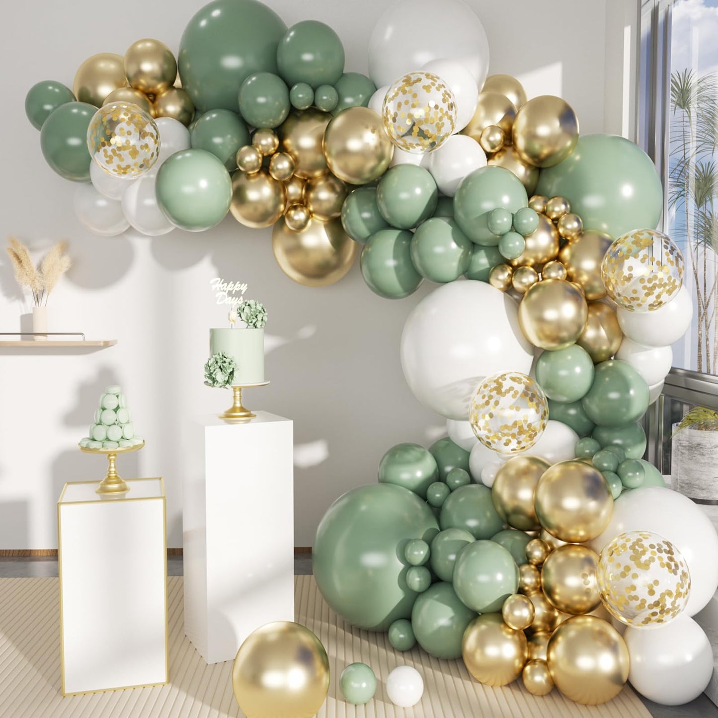 MEBAY Sage Green White Gold Balloon Garland Arch Kit, 146Pcs Latex Balloons Different Sizes 18 12