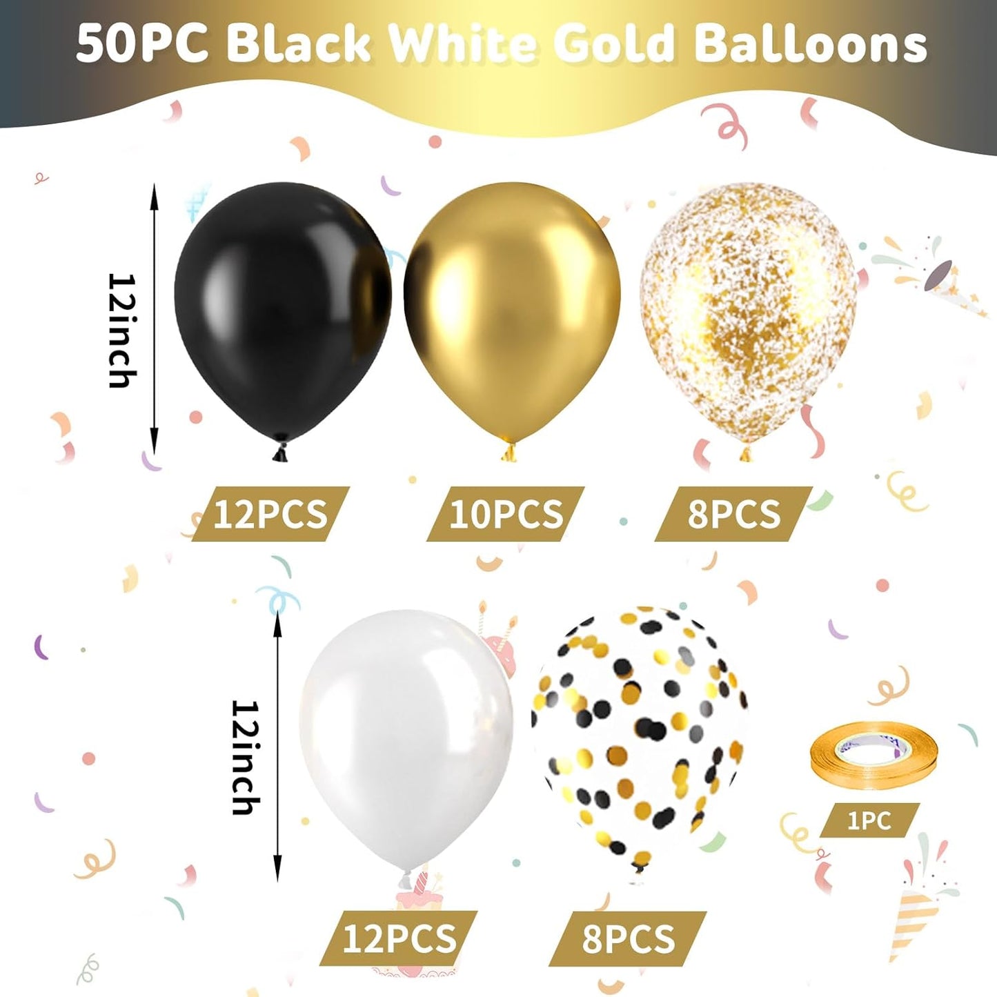 Black and Gold Balloons, Black White and Gold Balloon, Pearl White Black Gold Balloons, Black Gold Confetti Balloons for New Year's Eve Graduation Party Birthday Baby Shower Wedding Decorations