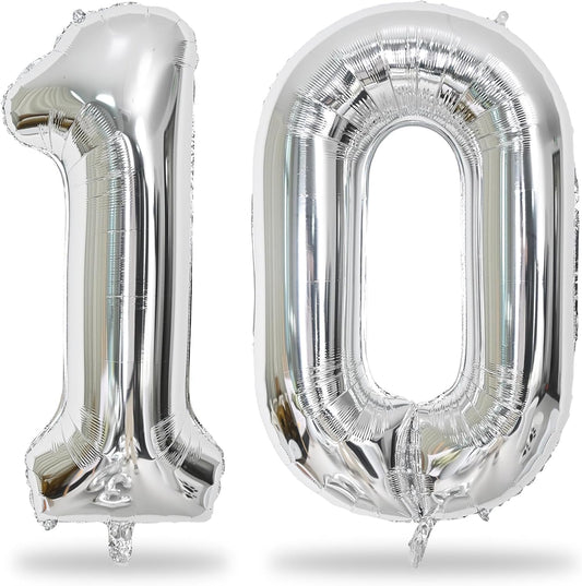 Silver 10 Balloons Number, 40 Inch Helium Foil Number 1 & 0 Balloons for 10 Year Old Birthday Decorations, Large Self Inflating Mylar Balloon for Boys 10th Birthday Party Anniversary Decor Supplies