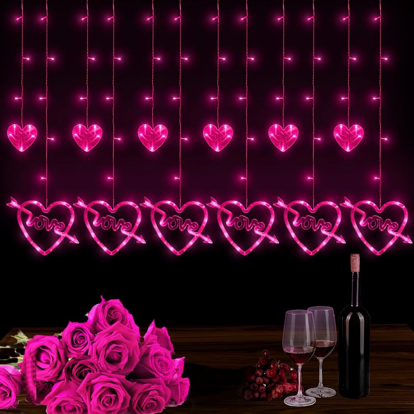 Valentines Day Decor, 138LED Love Heart Curtain Lights with Remote 8 Modes for Bedroom, USB and Battery Powered Valentines Lights for Wedding Birthday Anniversaries Party Decor (Pink)
