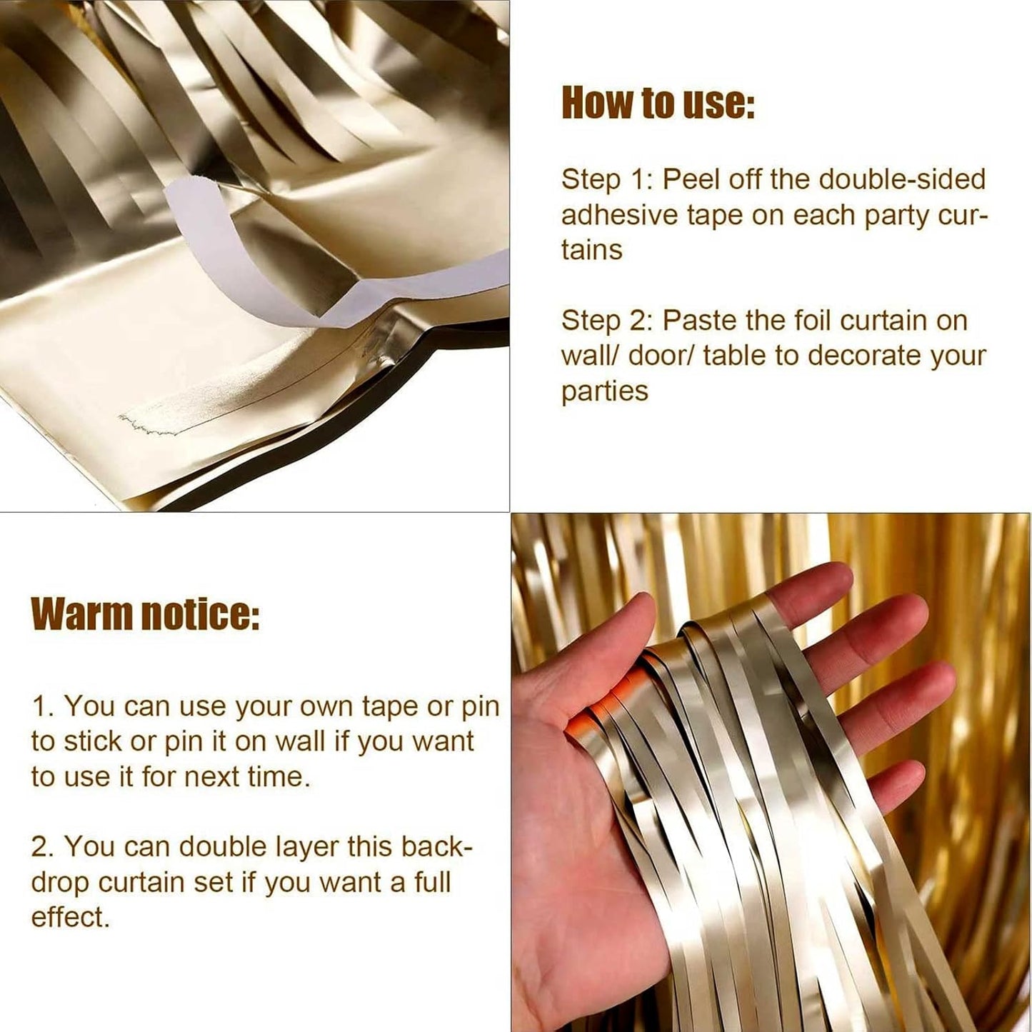 4 Pack Champagne Gold Foil Fringe Curtain Backdrop, 3.28Ft x 8.2Ft Metallic Tinsel Streamer Curtains for Party, Photo Booth Props, Birthday, Graduation Decoration Party Supplies