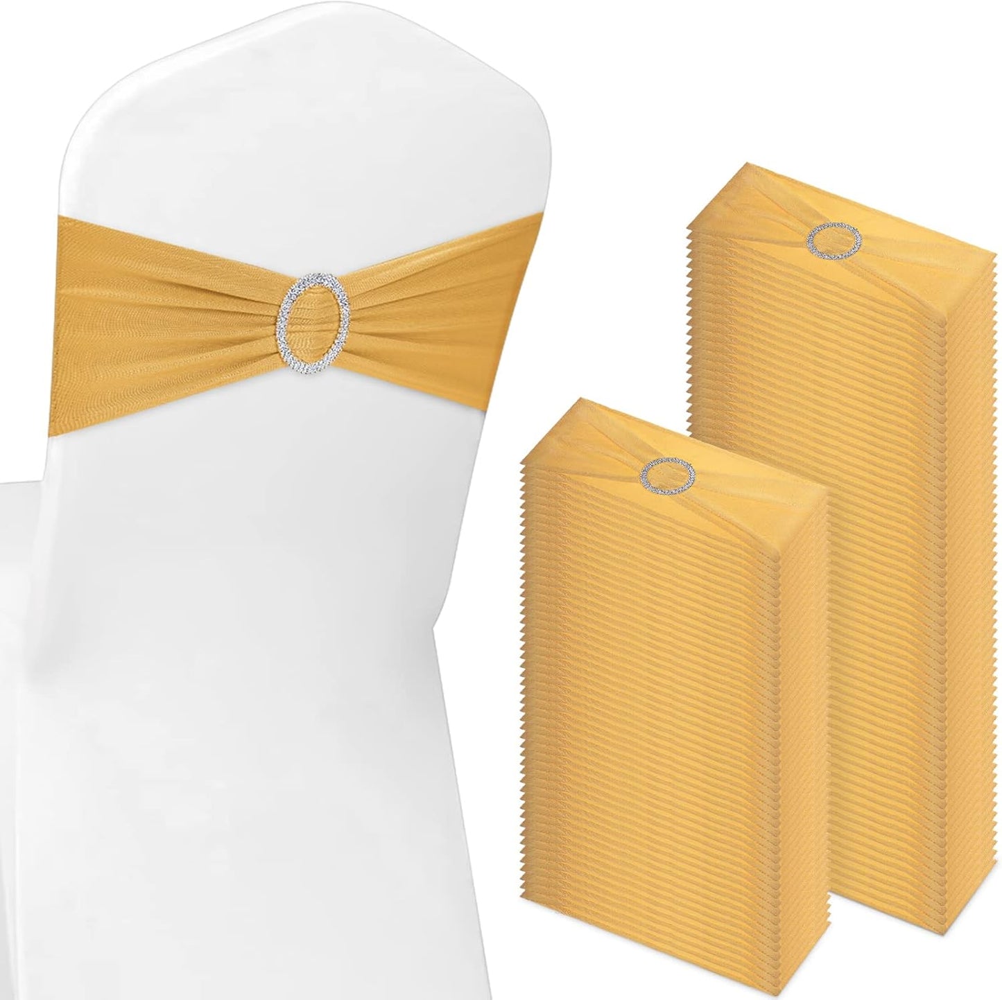 CHENGU 150 Pieces Spandex Stretch Chair Sashes Bows Elastic Chair Cover Bands Ties with Buckle Slider for Wedding Party Reception Events Universal Ceremony Banquet Decorations(Gold)