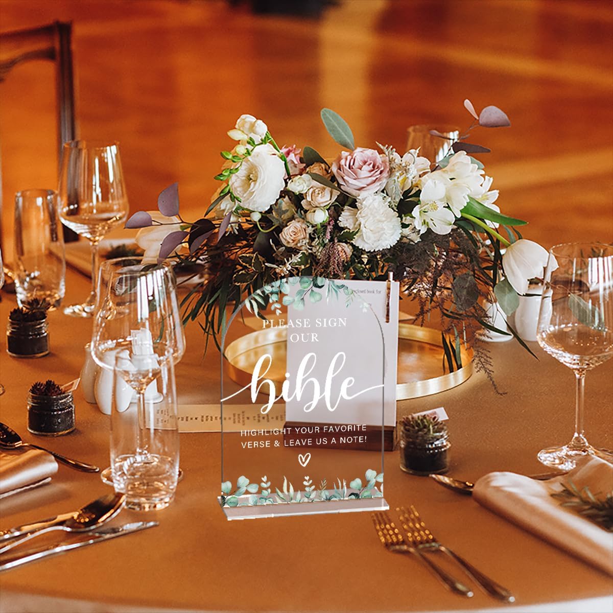 Acrylic Wedding Sign Please Sign Our Bible Signs for Ceremony Modern Calligraphy Arch Acrylic Table Top Signs for Wedding Reception and Event Party Table Decor (Eucalyptus Leaves)