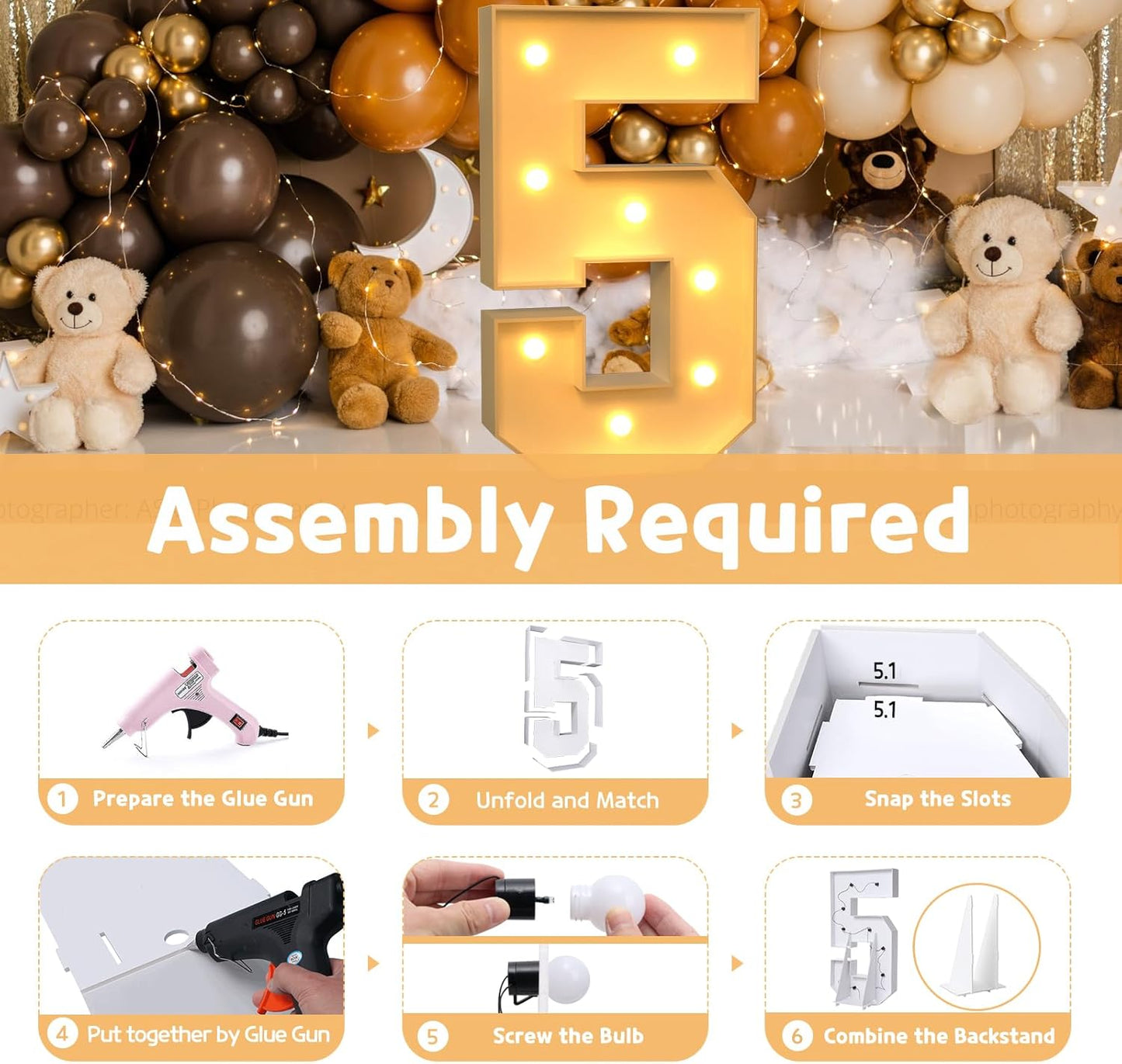 imprsv 3FT Marquee Numbers, Light Up Numbers for 15th 50th Birthday Decorations Anniversary Party Decor, Number 5 Light Up Number, Pre-Cut Foam Board Kit
