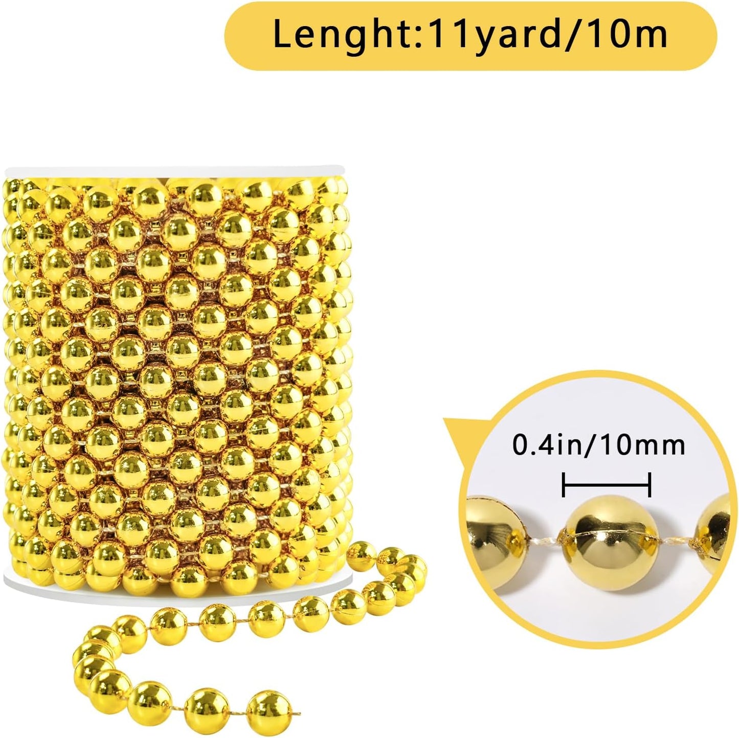 Faux Gold Pearl Bead Garland - 10mm Christmas Tree Beads 11 Yards Gold Pearl Strands Spool for Wedding Party Christmas Tree Decoration
