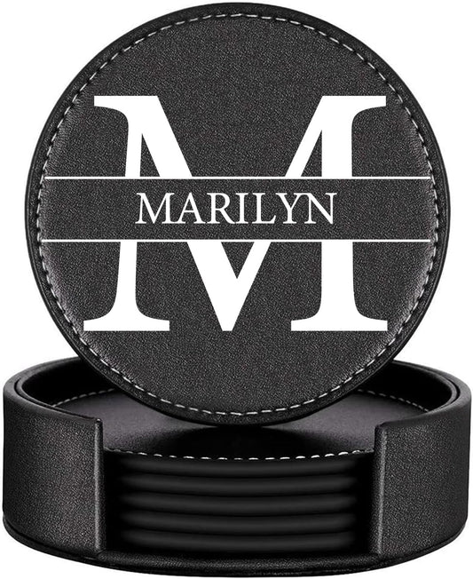 Custom Coasters Set of 6, Personalized Leather Coasters for Drinks with Holder, Customized Coasters Name, Photo, Logo for Coffee Table Bar Wine Cup Housewarming