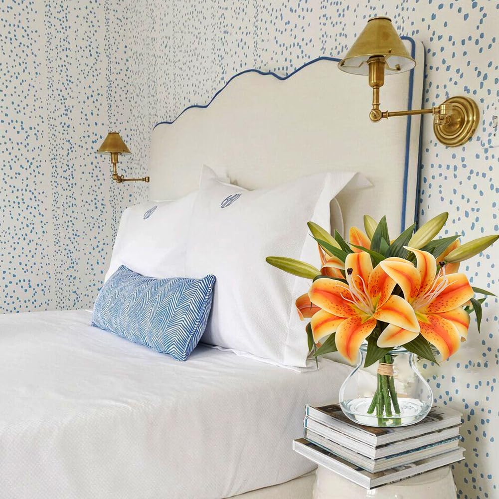 Hollyone Tiger Lily Fall Flowers Artificial for Decoration in Vase Real Touch Orange Autumn Silk Faux Flowers Arrangements with Glass Vase with Fake Water Lily Centerpiece Fall Decorations for Home