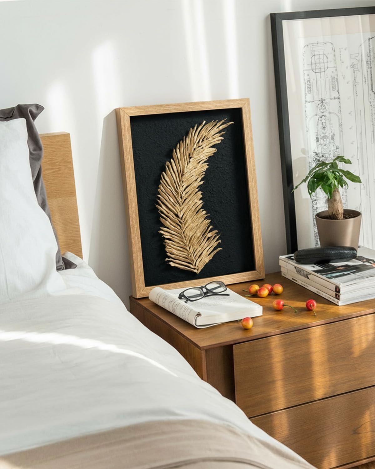 VIYYIEA Framed 3D Textured Wall Art, Handmade Paper Artwork,12x16inch, Modern Minimalist Neutral Decor for Living Room Bedroom Shelf, Beige Feather Picture