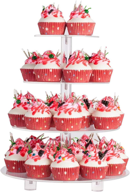 YestBuy 4 Tier Round Acrylic Cupcake Stand with Base, Premium Cupcake Holder, Acrylic Cupcake Tower Display Cady Bar Party Décor – Display for Pastry (4" Between 2 Layers with Base)
