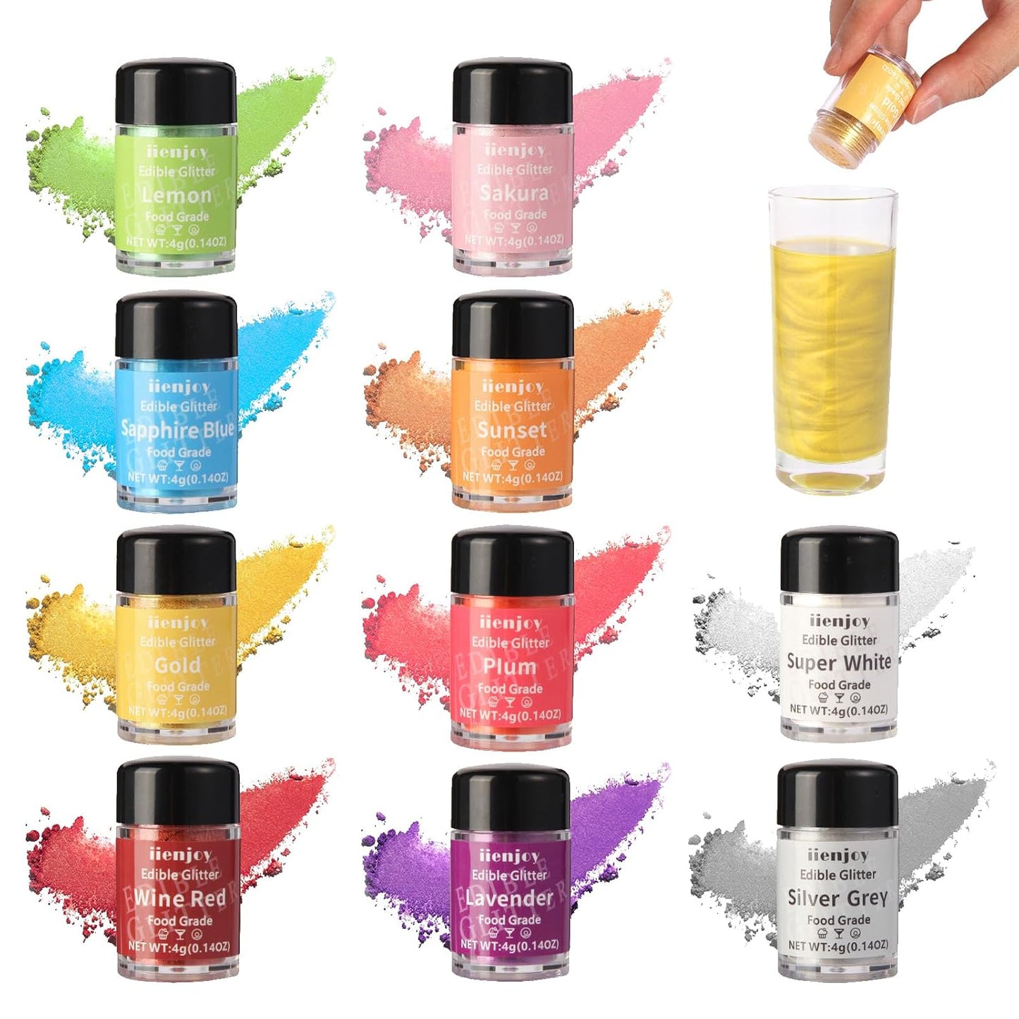 10 Colors Edible Glitter for Cocktails, Cakes, Drinks, Baking, Strawberries, Cupcakes, Cookies Decoration, Luster Dust Edible Set, Food Grade Glitter Shimmer Sprinkle Powder