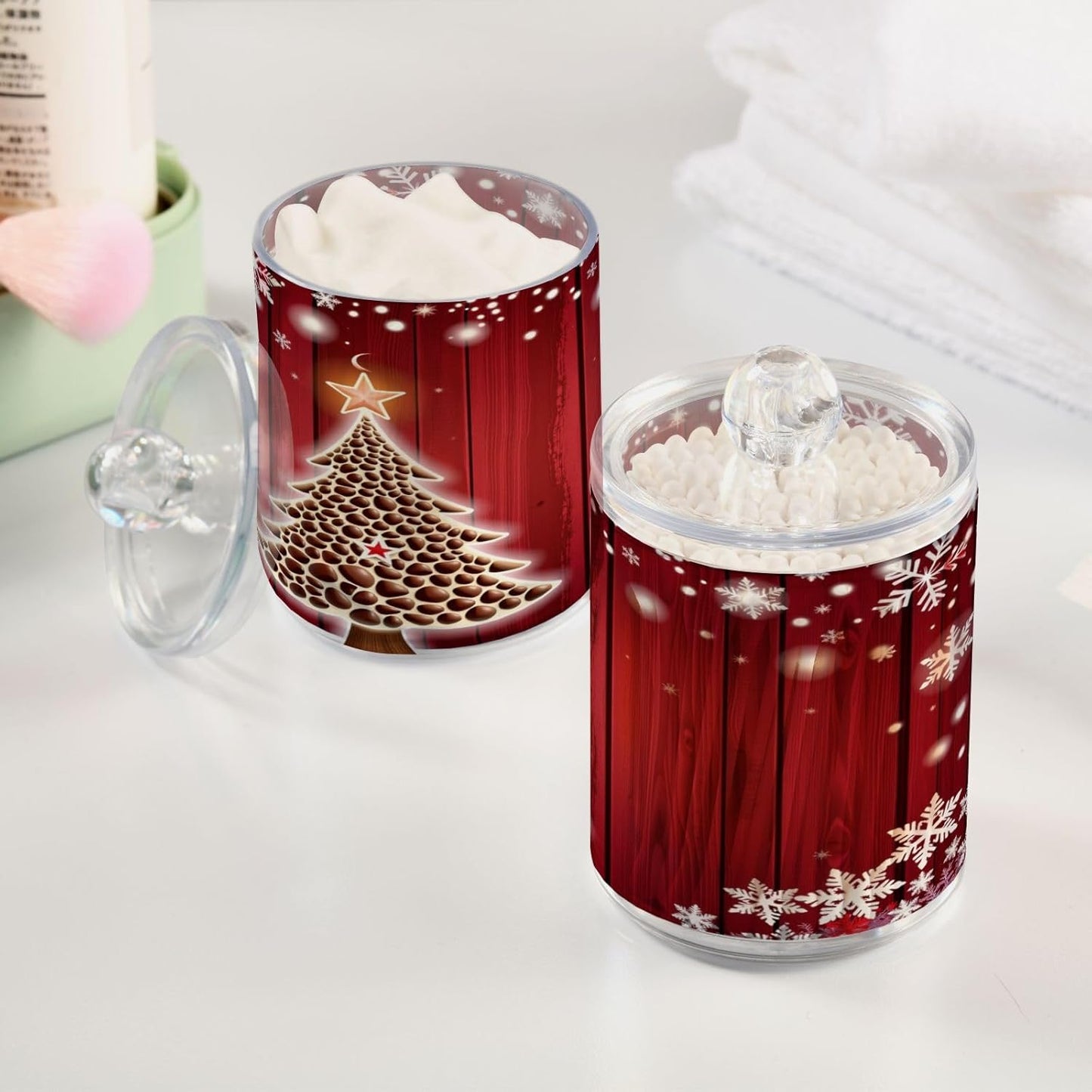 Gredecor Christmas Winter Qtip Holder Dispenser 2 Pack Christmas Tree Red Snowflakes Bathroom Decorative Storage Canister Holder Counter Vanity Organizer for Cotton Ball Swabs Pads Floss
